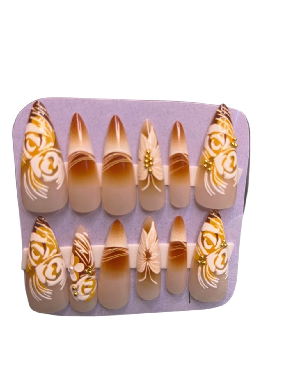 Neutral Brown Ombre Press-On Nails with White Floral Accents (5 for $20 U pick)